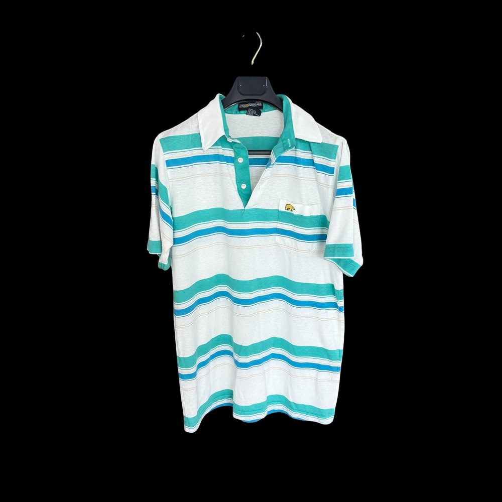Jack Nicklaus The Bear Course‎ LT Teal Blue Striped Pocket Polo Shirt Vintage